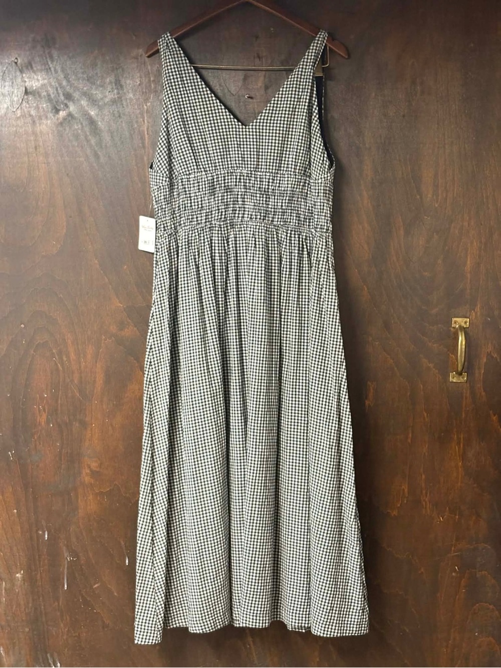 NWT Lucky Brand Black White Gingham V-Neck Smocked Waist Midi Dress - Picture 5 of 9